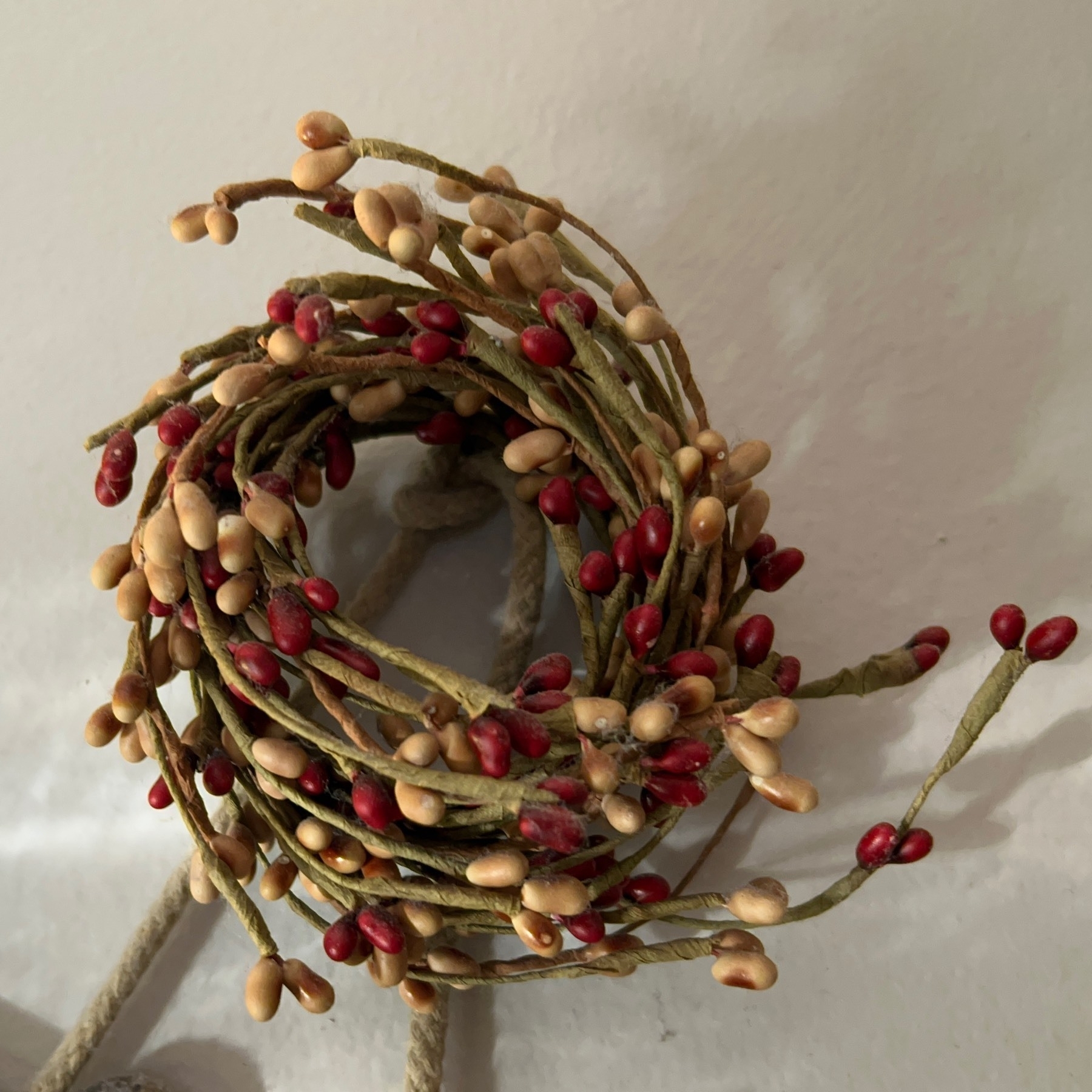 Ornamental branches with small berries formed into a circle on a wall. 