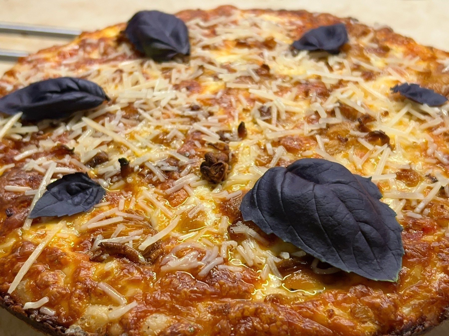 Pizza with cheese and red basil leaves on top.