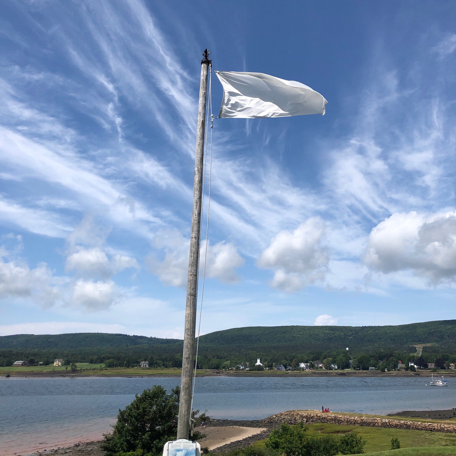 White flag against clouds in sky.