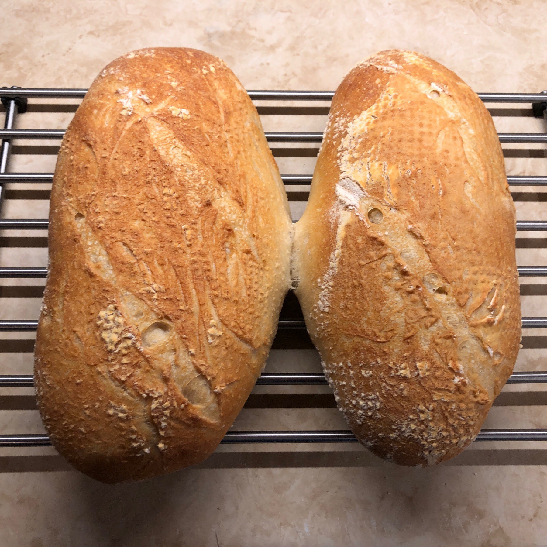 Two loaves of sourdough bread on cooling rack.