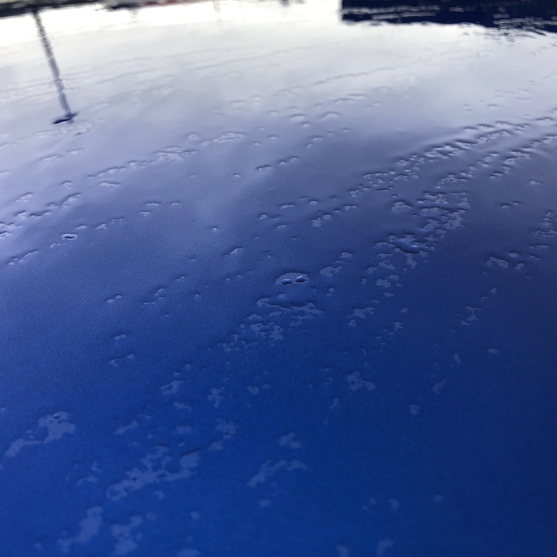Wet car roof with sky and light reflected.