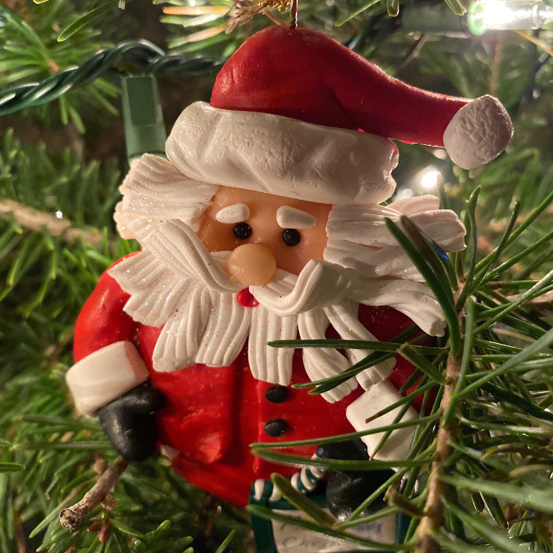Santa Claus ornament on Christmas tree.