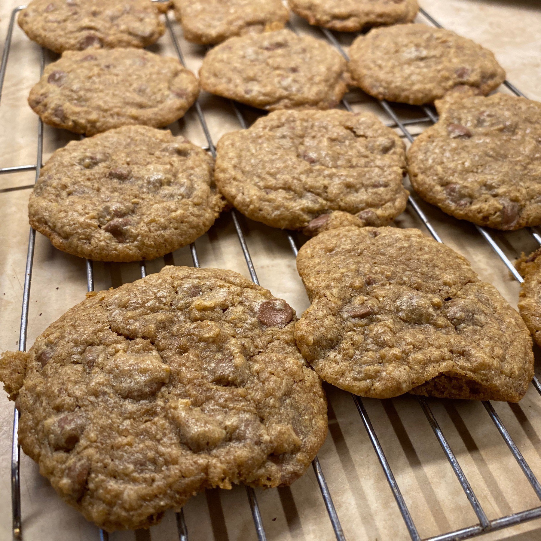 Oatmeal chocolate chio cookies cooling on wire rack.